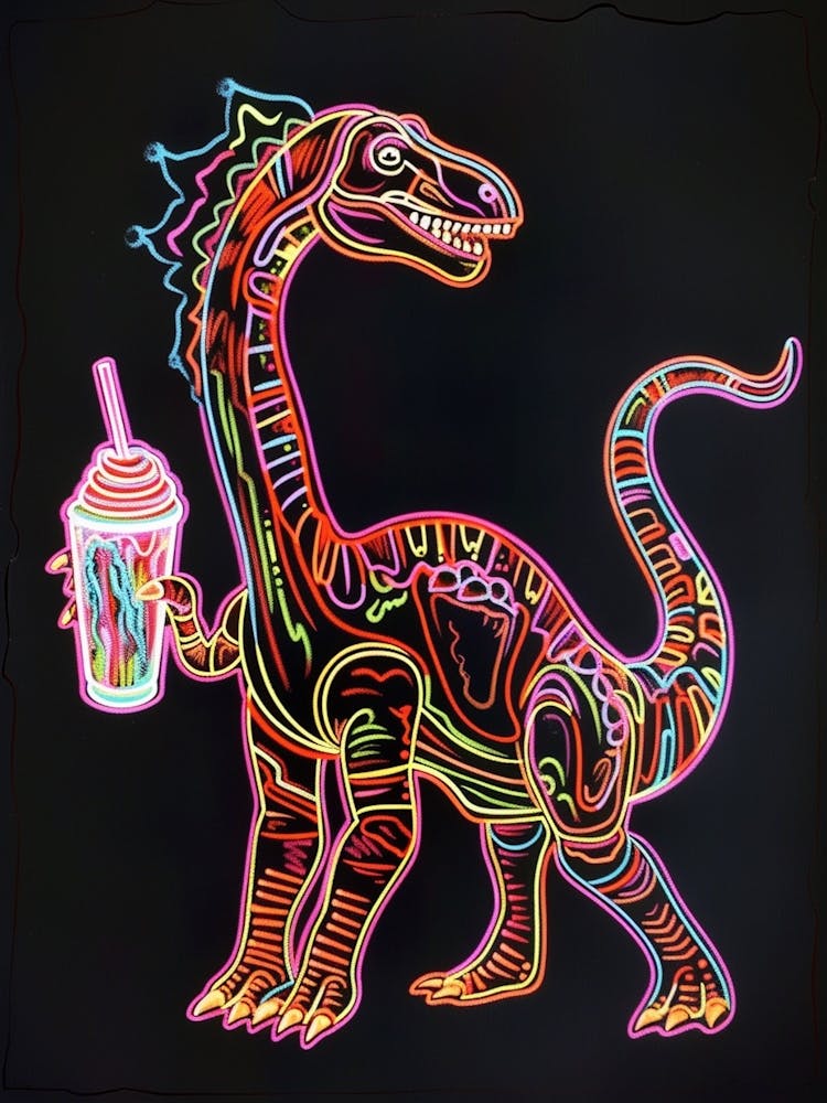 Neon Dinosaur Linework Drinking A Milkshake