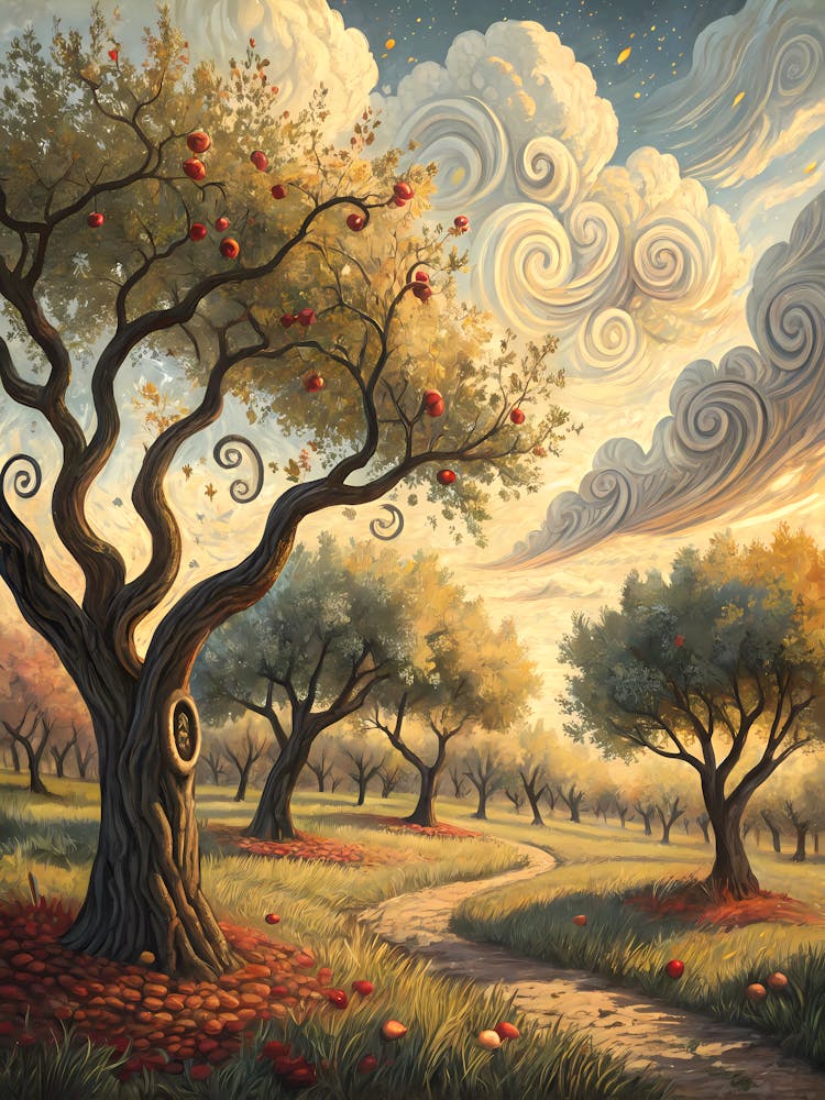 Peaceful Apple Orchard Landscape Painting