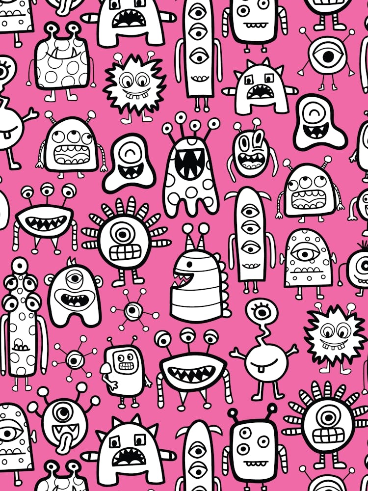 Happy Funky Monsters and Aliens Black and White on Hot Pink Kids