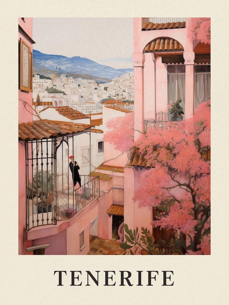 Tenerife Spain 3 Vintage Pink Travel Illustration Poster