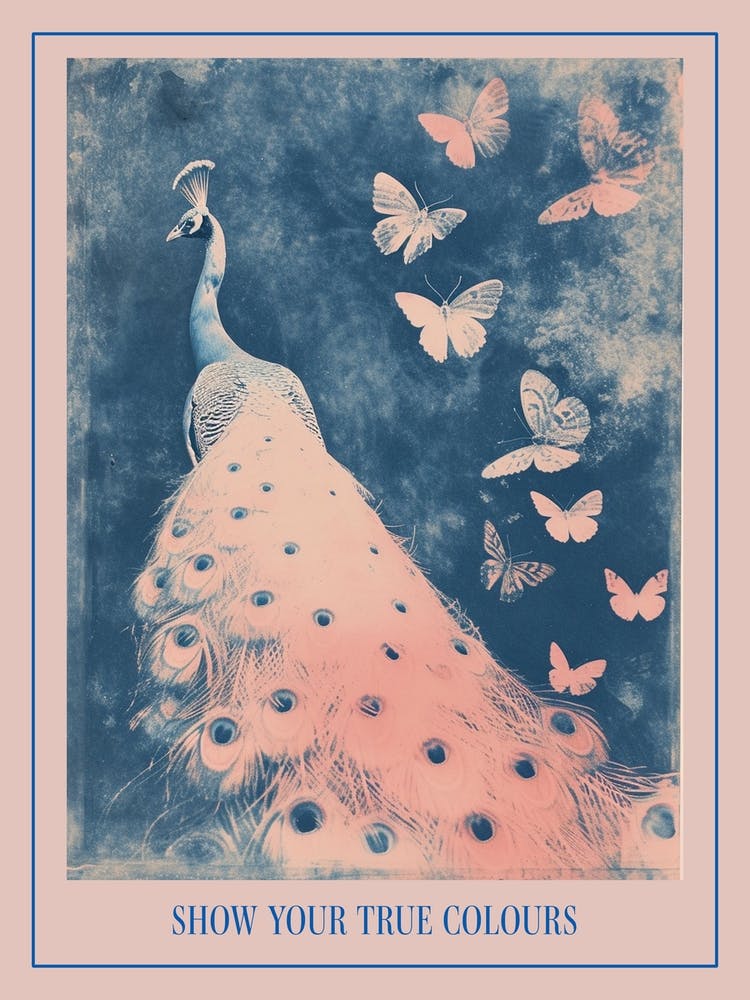 Pink & Blue Peacock Cyanotype Inspired With Butterflies 2 Poster