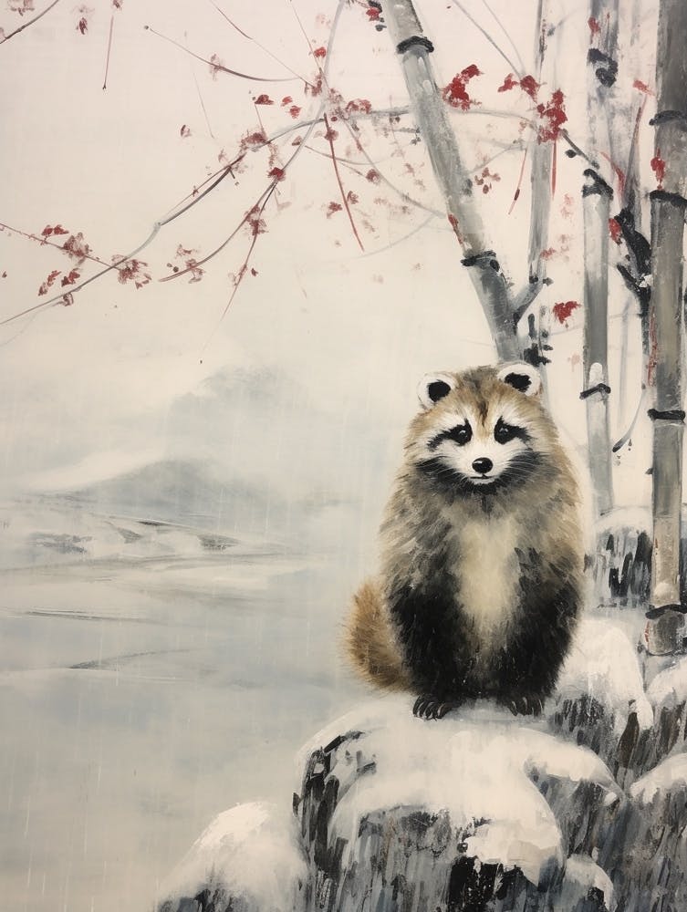 Vintage Winter Animal Painting Raccoon 4