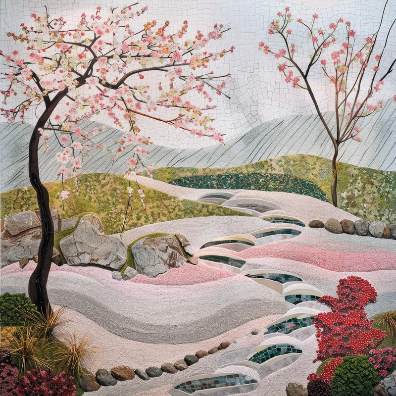 Japanese Zen Garden in Spring Series. Style of David Hockney 3