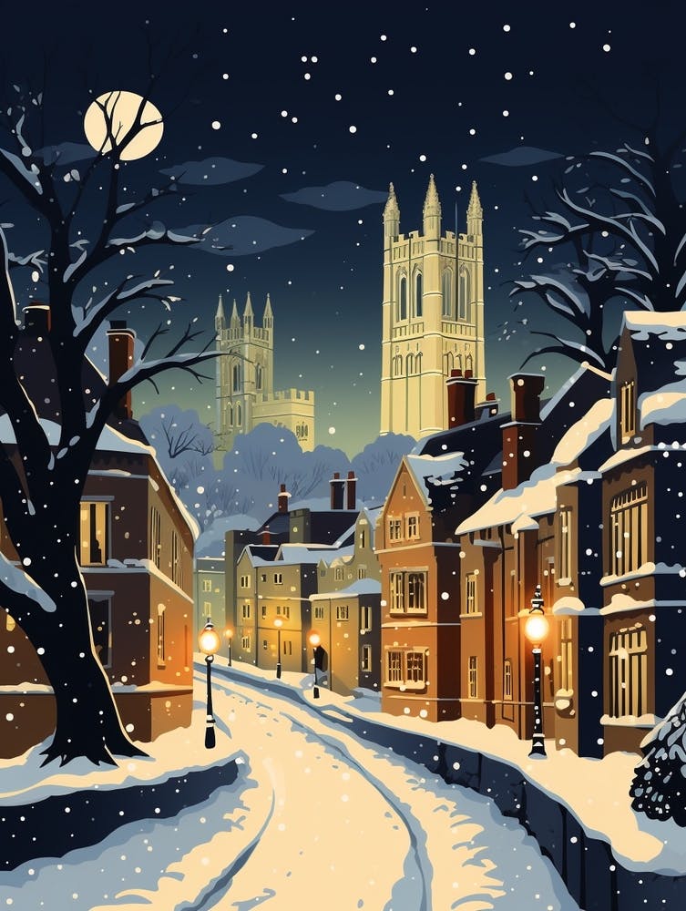 Winter Travel Night Illustration Oxford United Kingdom 1