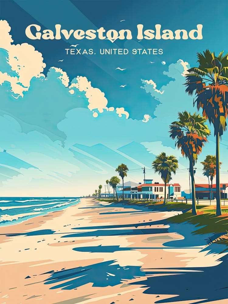 Galveston Island Texas Beach Vacation Digital Travel Art
