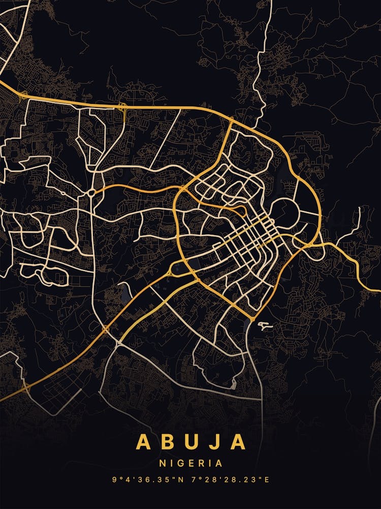 Abuja FCT Nigeria Zoomed Black And Gold Map