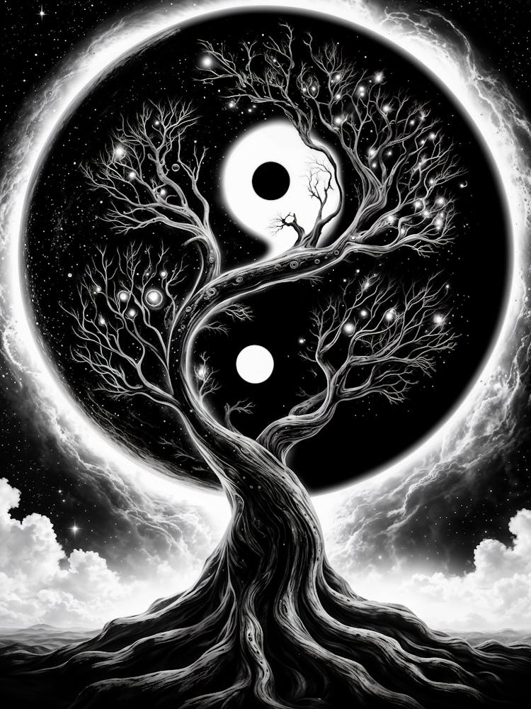 Black and White Yin Yang Space Tree
