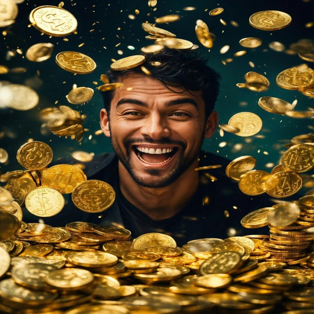 Happy Young Man With Gold Coins