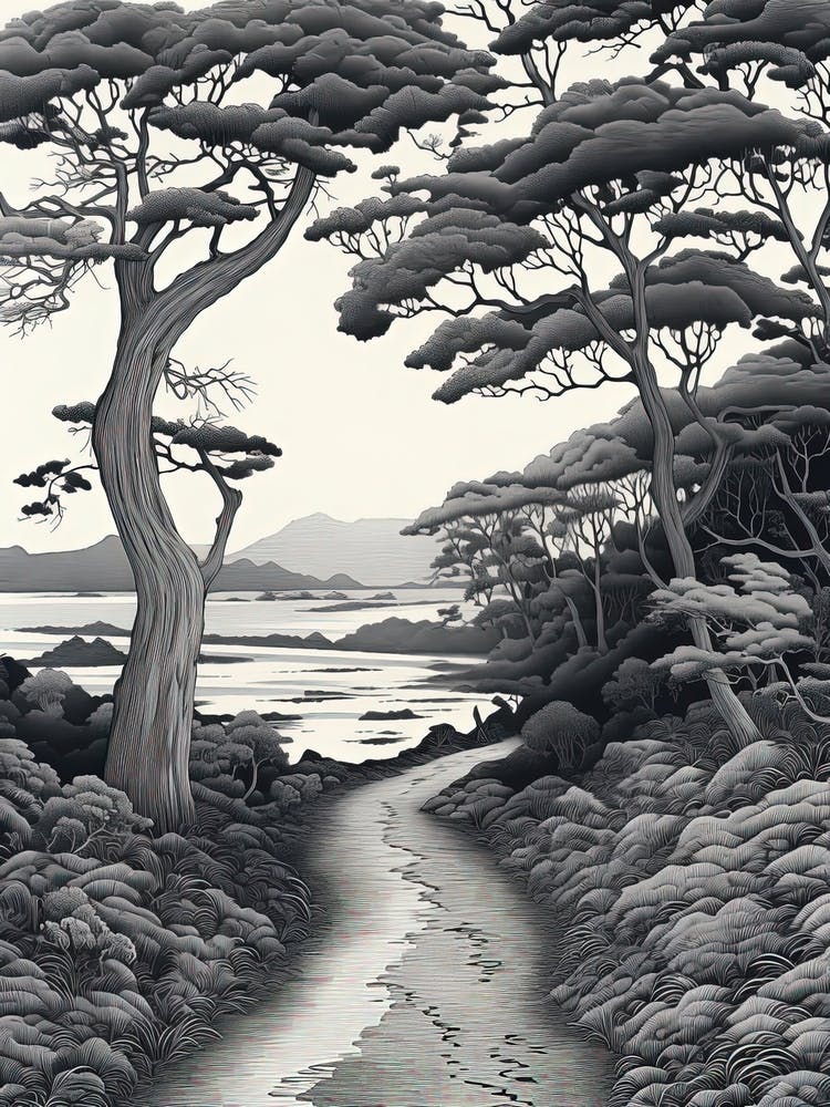 Iriomote Island In Okinawa, Ukiyo E Black And White Line Art Drawing 1