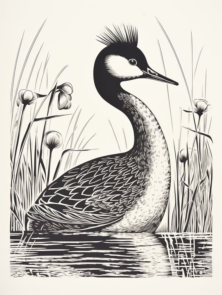 B&W Bird Linocut Grebe 4