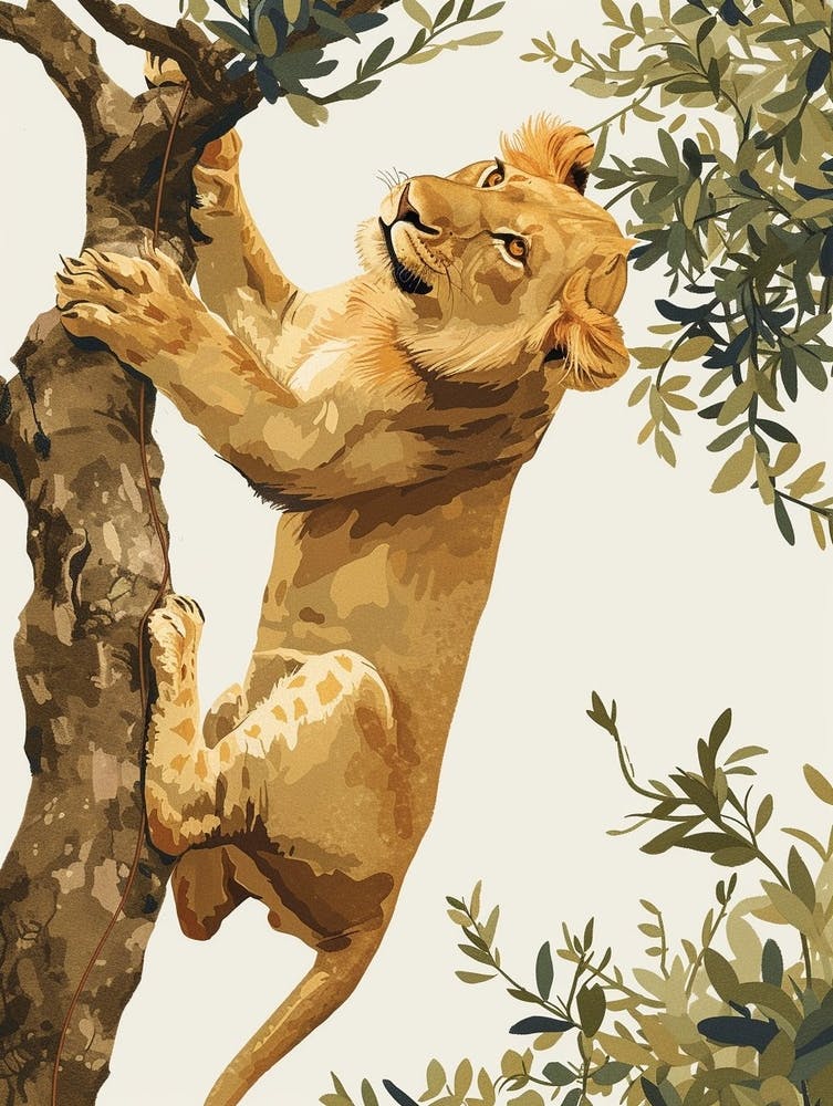 Barbary Lion Climbing A Tree Illustration 4