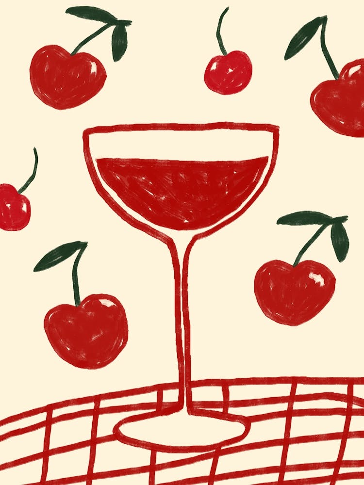 Cherry cocktail retro poster, Fun kitchen decor, Neutral print