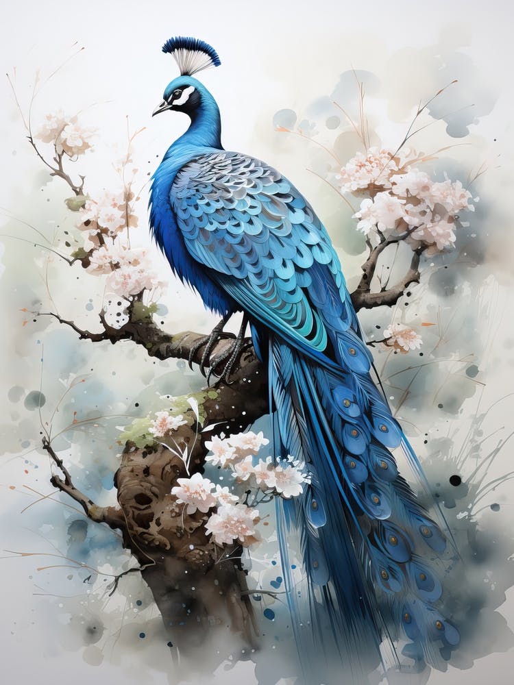 Peacock, Japanese Brush Painting, Ukiyo E, Minimal 7