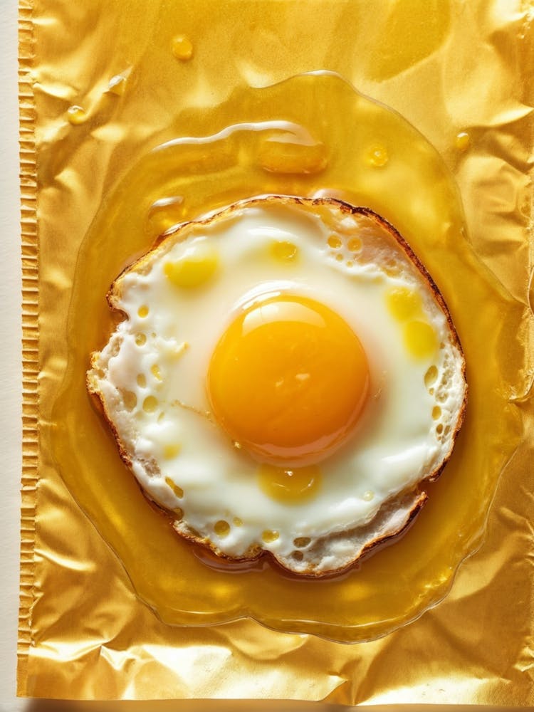 Glossy Fried Egg Resting On A Textured Signal Yellow Sheet Yolk Shining With A Reflective Sheen Eg