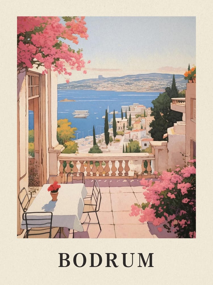 Bodrum Turkey 3 Vintage Pink Travel Illustration Poster
