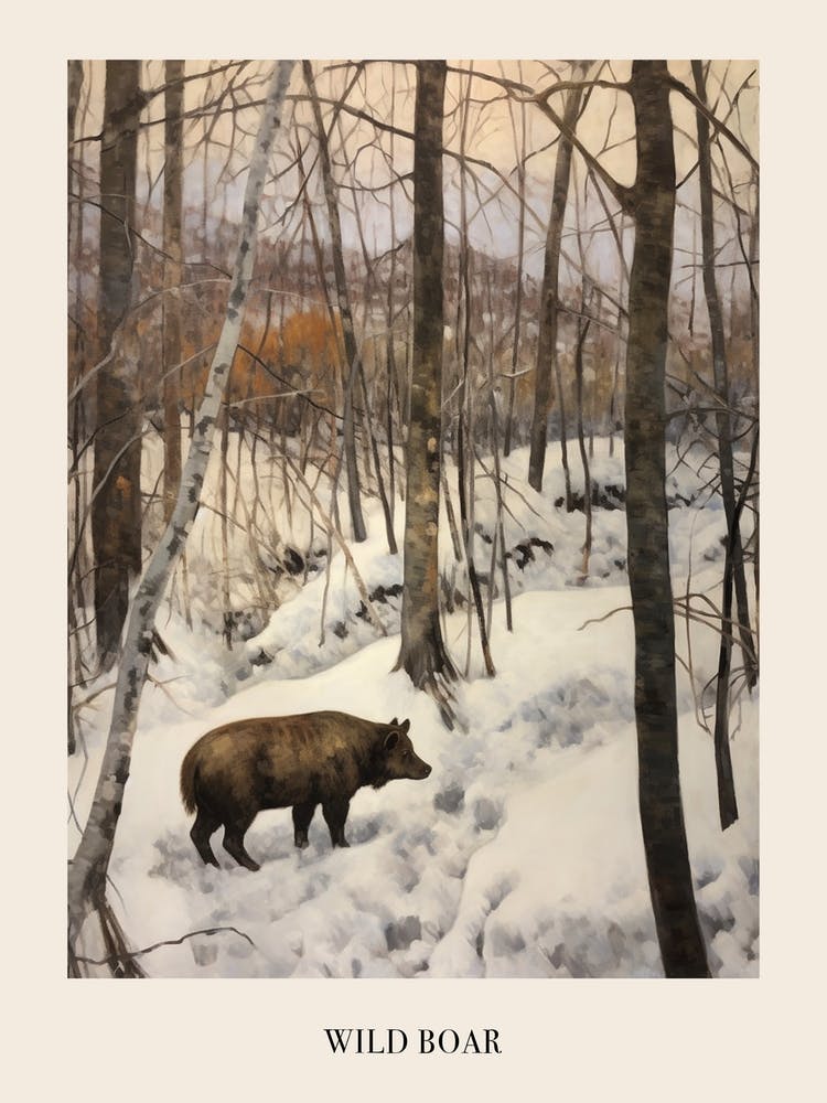 Vintage-Wintertiergemälde-Poster Wildschwein 1
