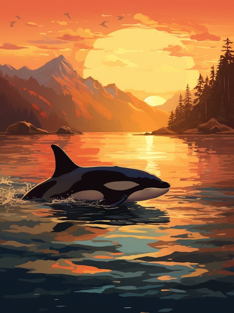 Warm Tones Graphic Design Orca Whale At Sunset 1