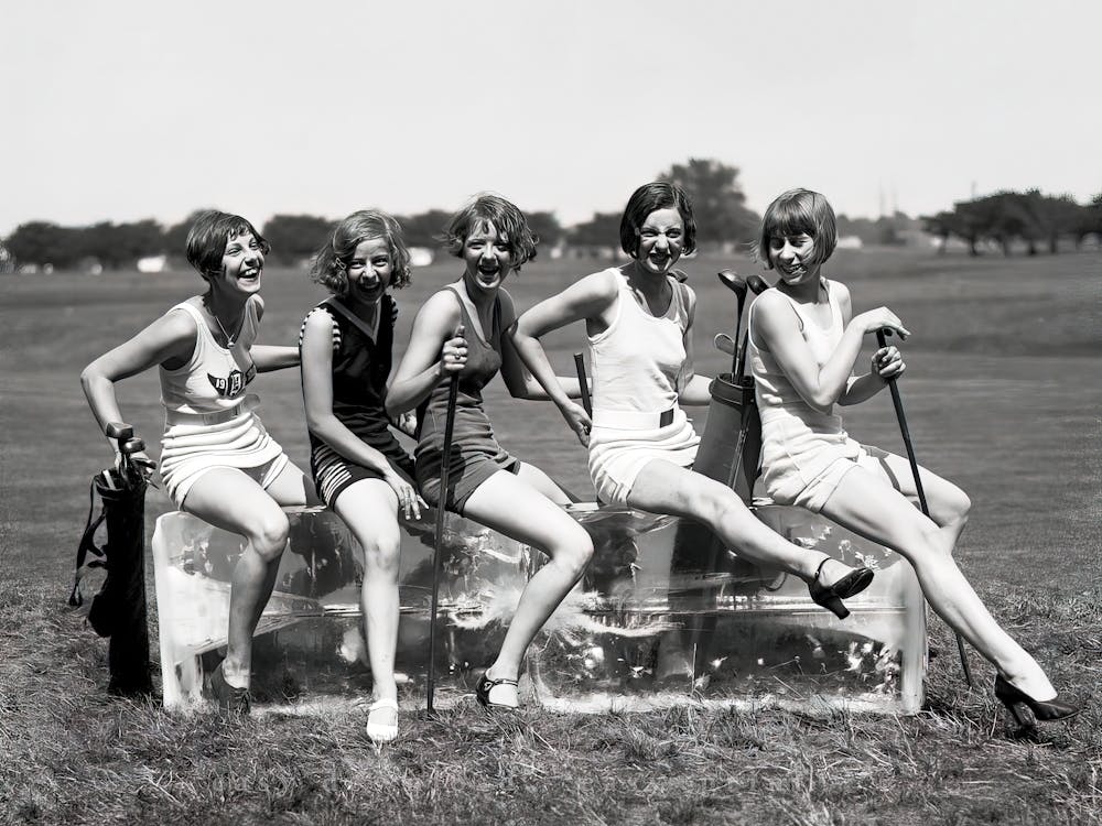 Lady Golfers on Ice Block, Black and White Vintage Photo 1