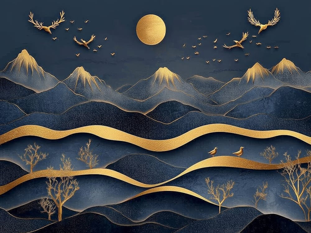 3d Modern Art With Dark Blue And Golden Wave Background Mountains, Golden Deer And Birds 2