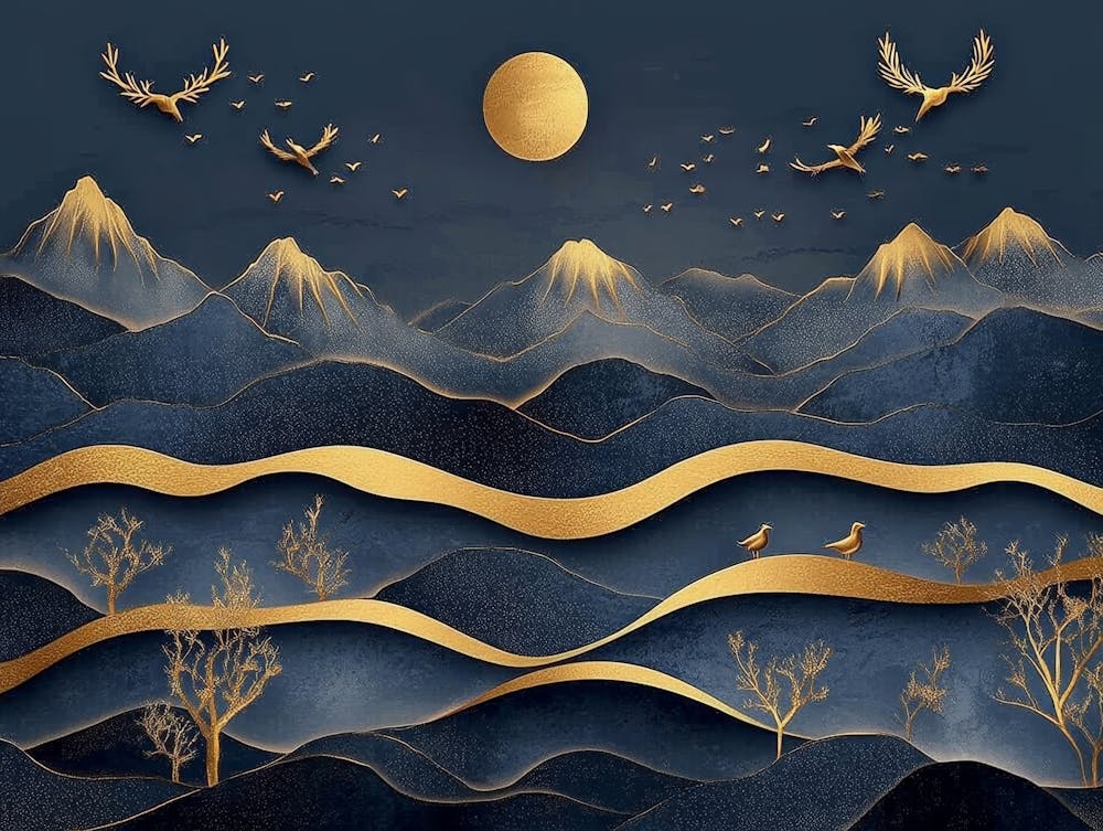 3d Modern Art With Dark Blue And Golden Wave Background Mountains, Golden Deer And Birds 2