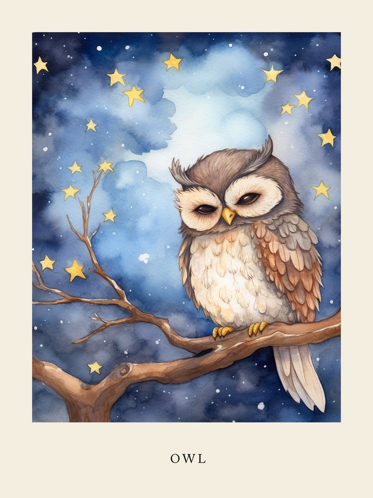 Bébé Hibou 1 Dormant Dans Les Nuages - Affiche de chambre d'enfant