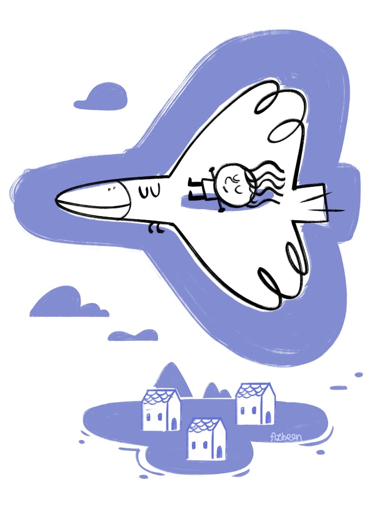 Girl and bird flying over the city