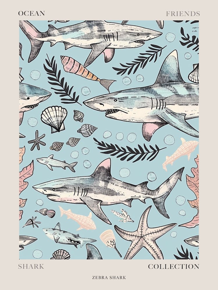 Pastel Blue Zebra Shark Watercolour Seascape Pattern 2 Poster