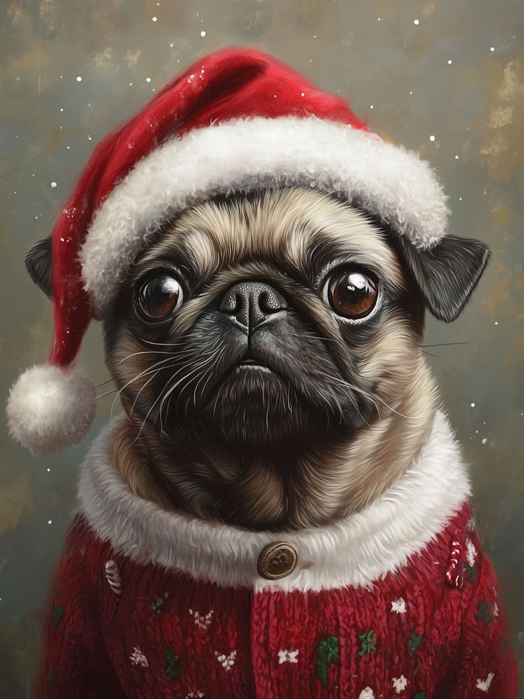 Pug In Christmas Jumper And Santa Hat