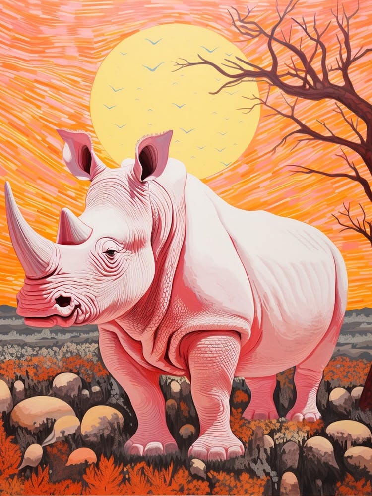 Black Pink & Orange Rhino With The Trees 1