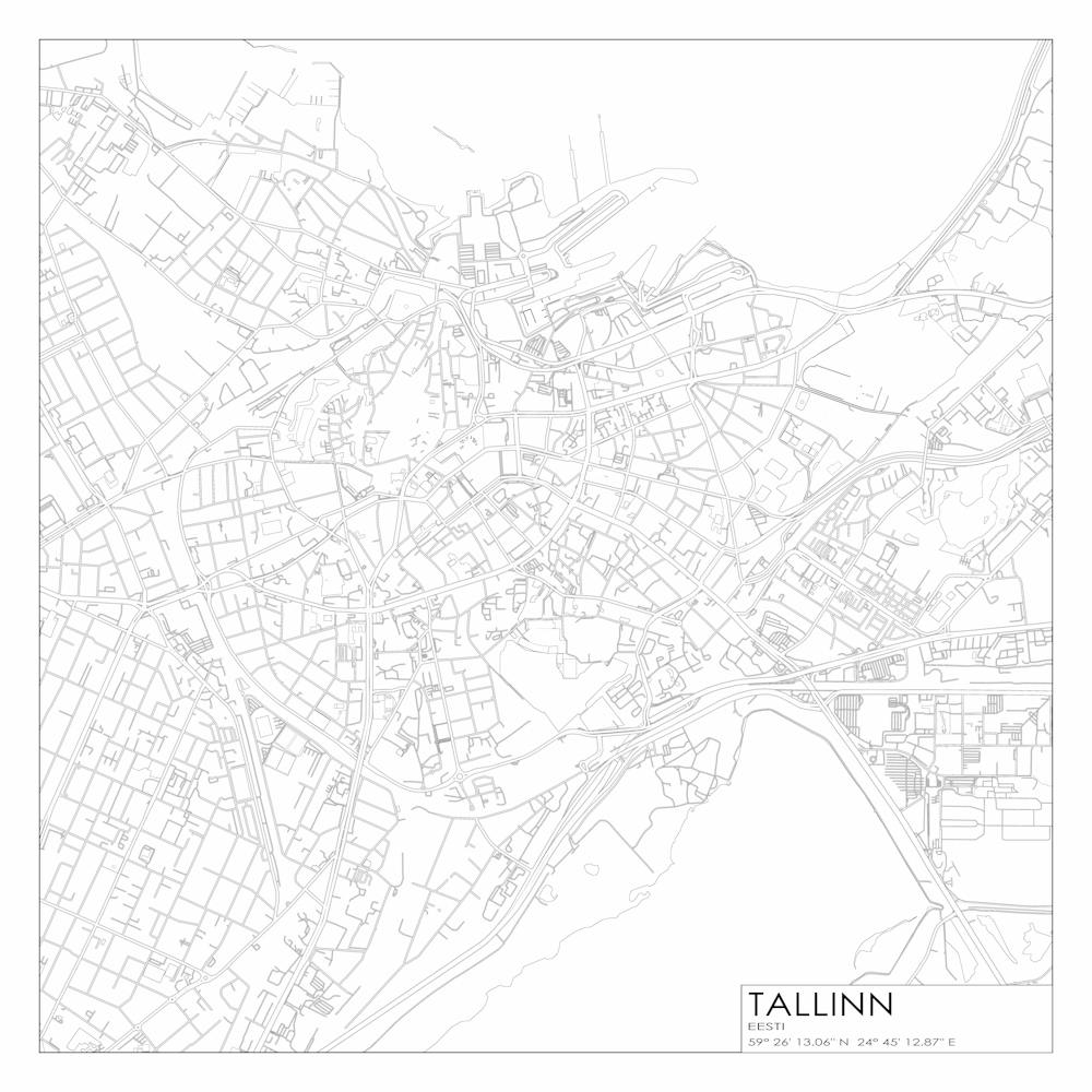 Tallinn, Eesti, City Map Black On White Blueprint Design