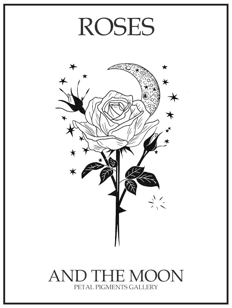 Roses et la Lune - Dessin au Trait 4 - Affiche