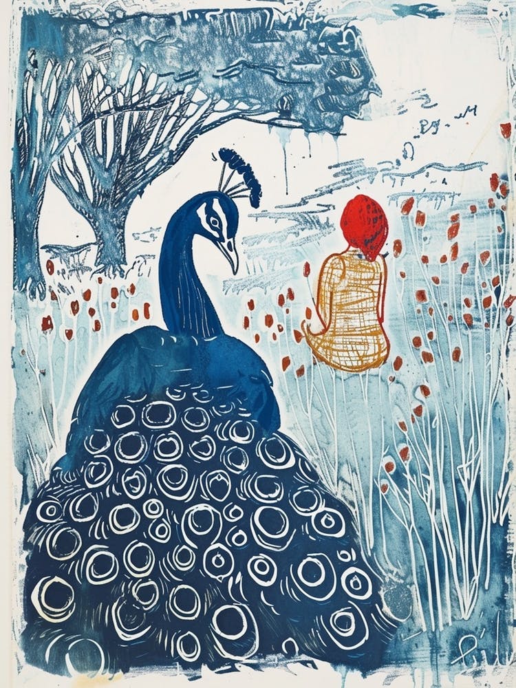 Abstract Blue Peacock Portrait & Woman With Red Hair