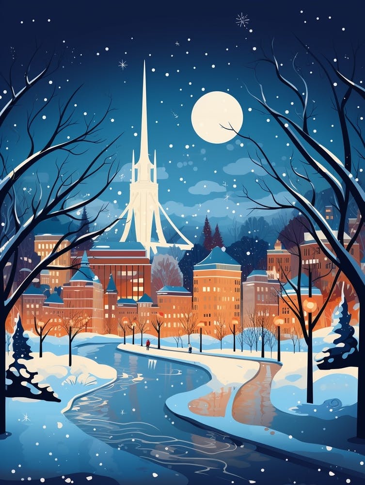 Winter Travel Night Illustration Boston Usa 3