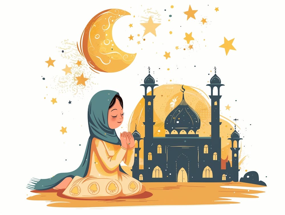 A Cute Girl With Plain Hijab Sitting On The Floor And Praying Facing A Mosque With Moon And Stars, In The Style Of Prince Jasmine Aladin Movie, Happycore, Ferrania P30, Indian Scenes, Simple Designs, Dau Al