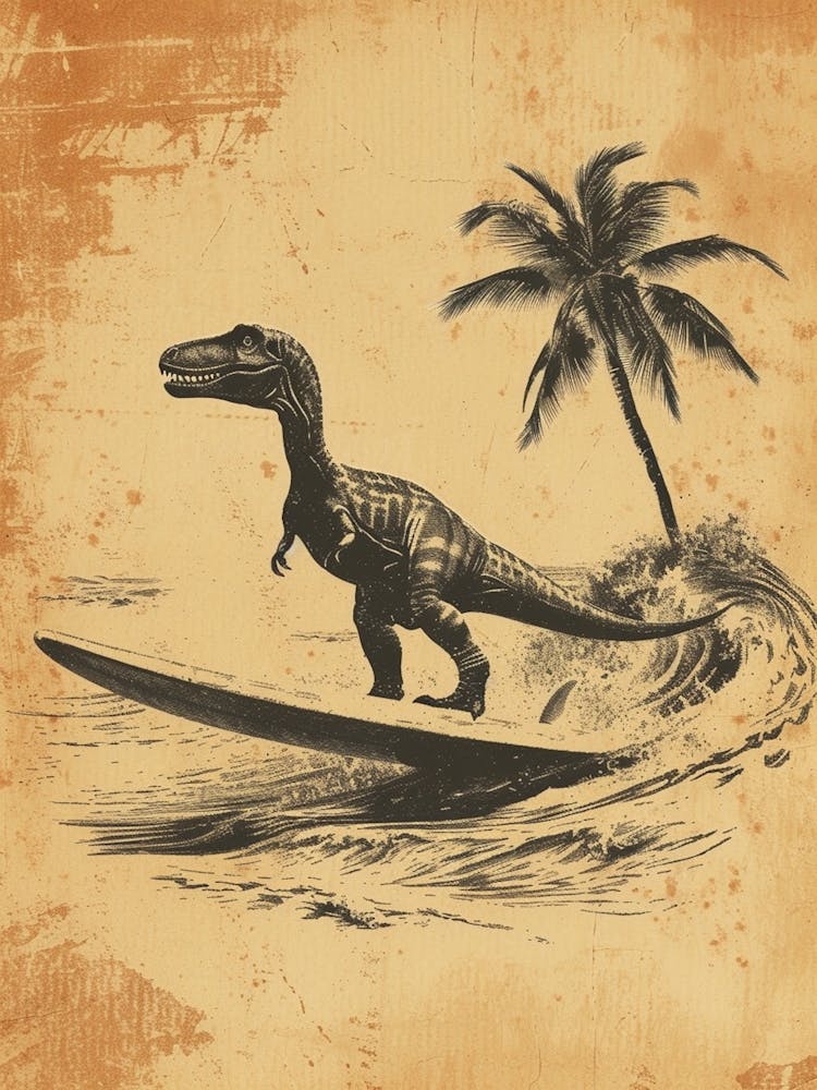 Vintage Compsognathus Dinosaur On A Surf Board 3