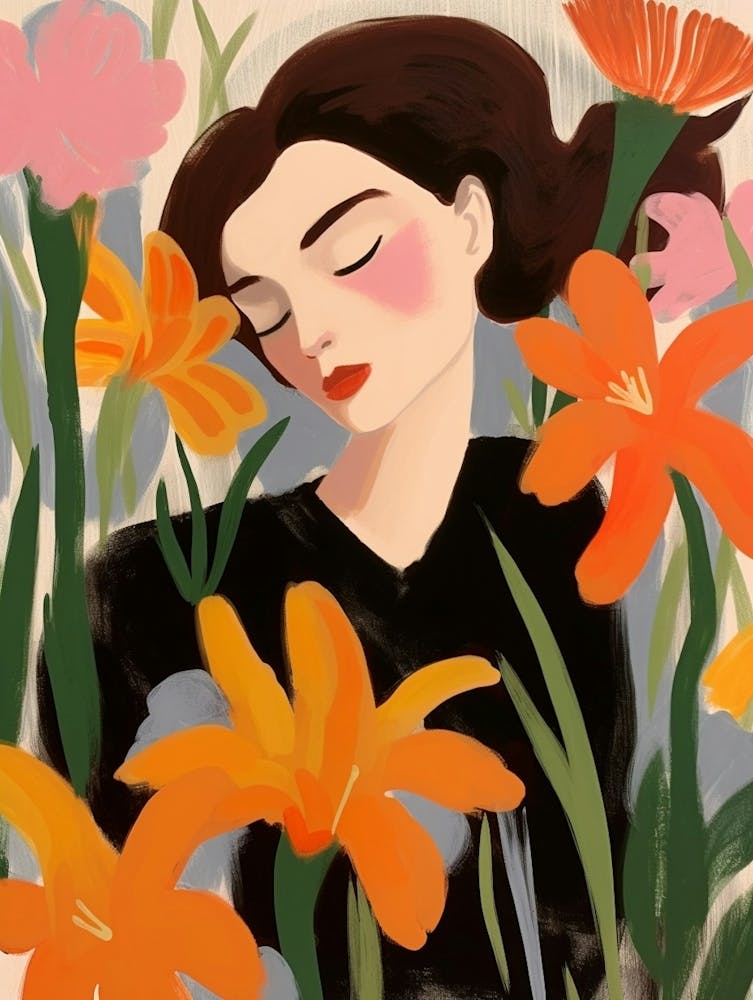 Frau mit Herbstblumen Gladiolus 3