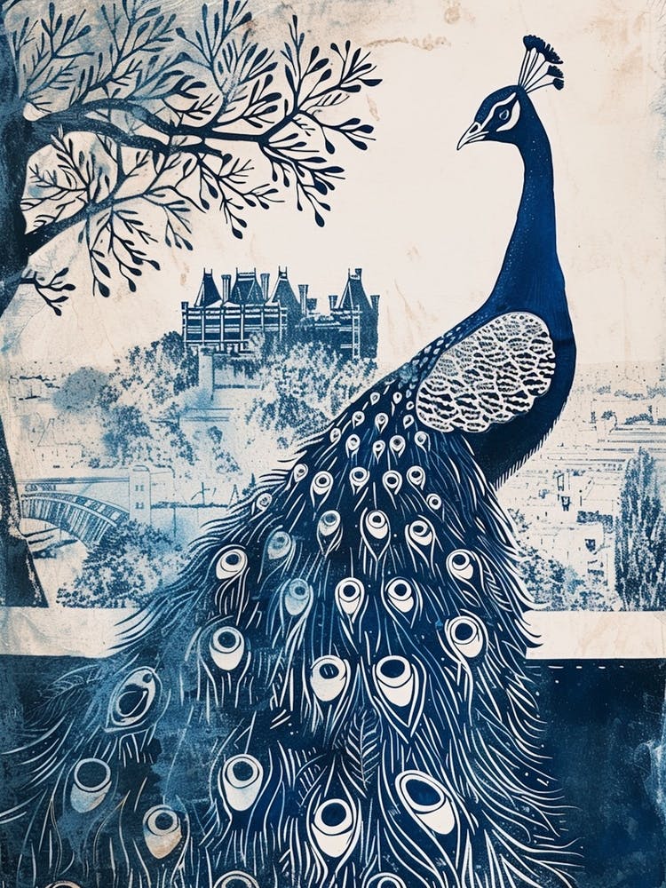 Peacock Blue Linocut Inspired With A Castle In The Background 1