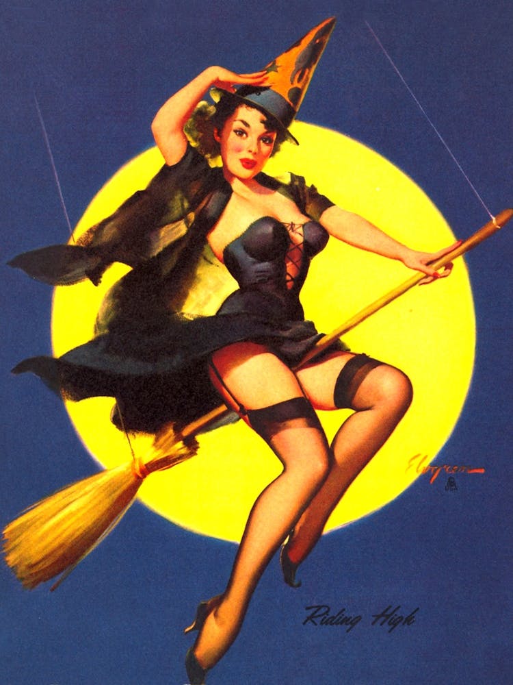 Pin-up Fille chevauchant un Balai sur la Grande Lune Jaune