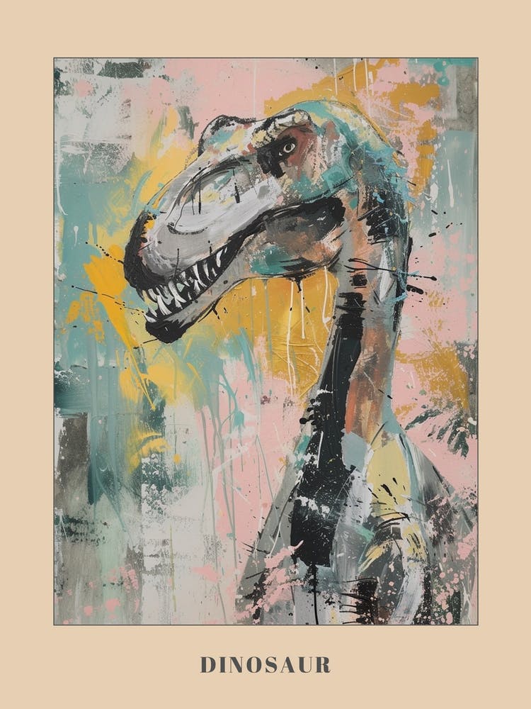 Pastel Pink & Teal Dinosaur Portrait Illustration Poster
