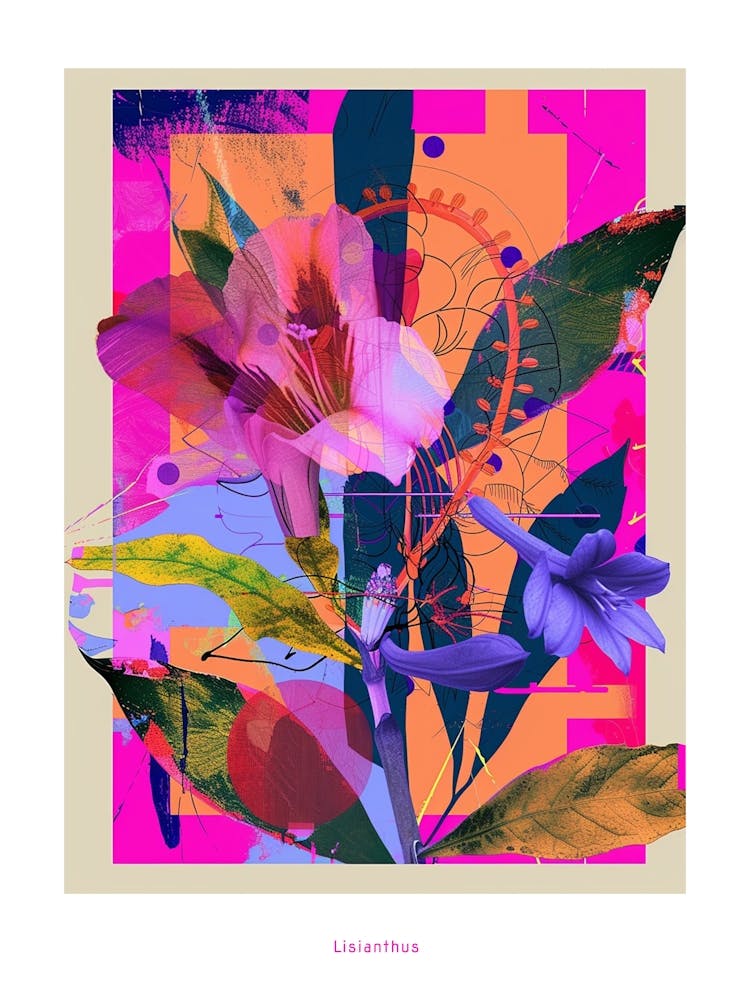Lisianthus 2 Neon Flower Collage Poster
