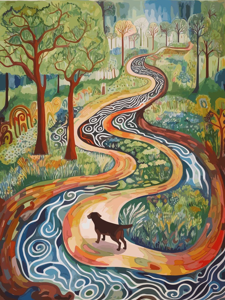 Painting Of A Dog In Garden Of Cosmic Speculation, United Kingdom In The Style Of Watercolour 02