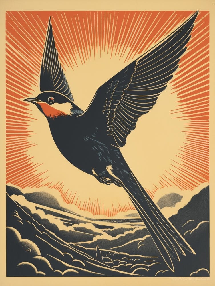Vintage Bird Linocut Barn Swallow 4