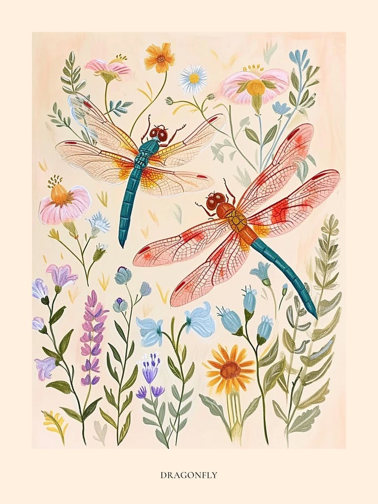 Folksy Floral Animal Drawing Dragonfly Poster