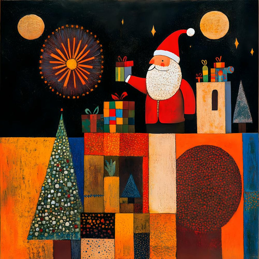 Modern Santa Claus Abstract Art Festive Christmas Gifts And Fireworks Wall Decor