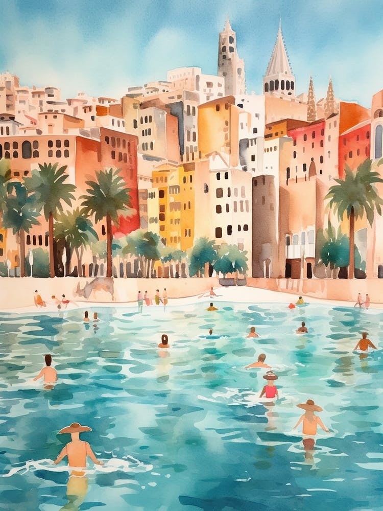 Swimming In Palma De Mallorca Spain Watercolour