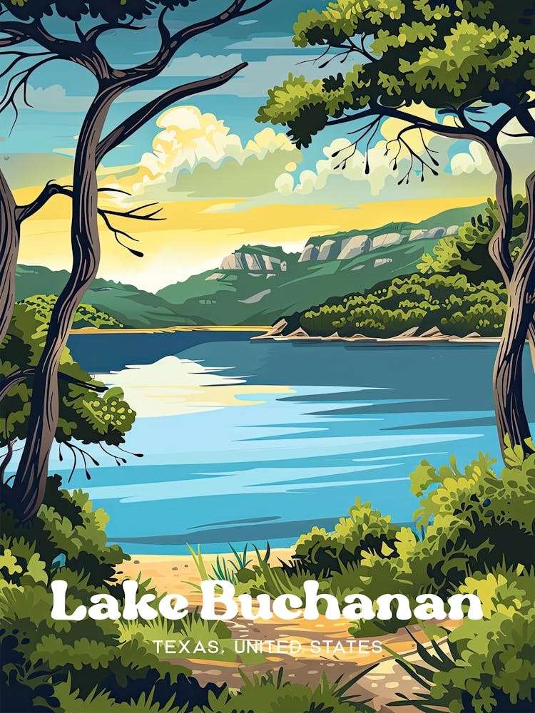Lake Buchanan Texas Fishing Digital Travel Illustration