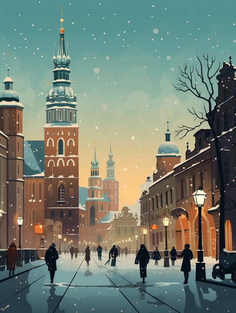 Winter Travel Night Illustration Krakow Poland 2