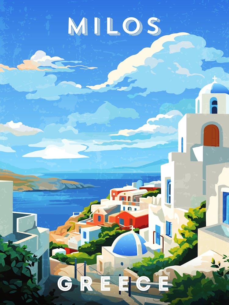 Greece, Milos — Retro travel minimalist poster, retro travel art, retro travel wall art, vector art
