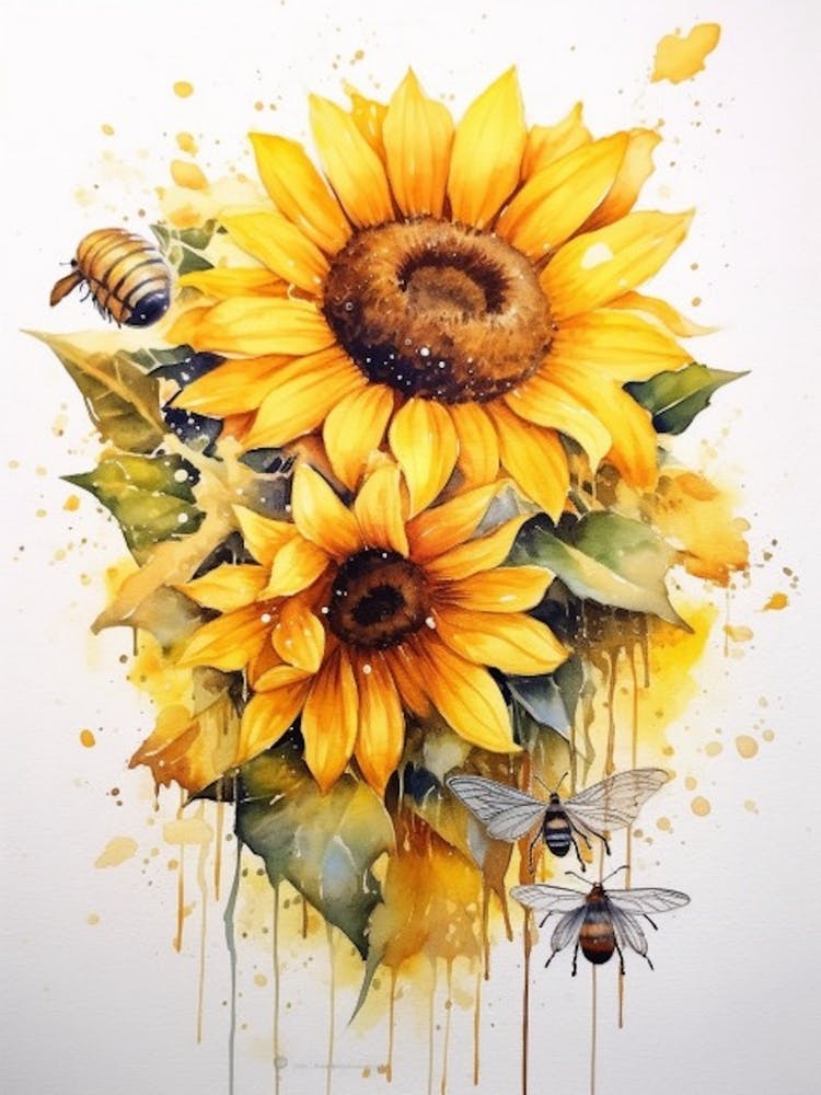 Beehive With Sunflower Watercolour Illustration 1