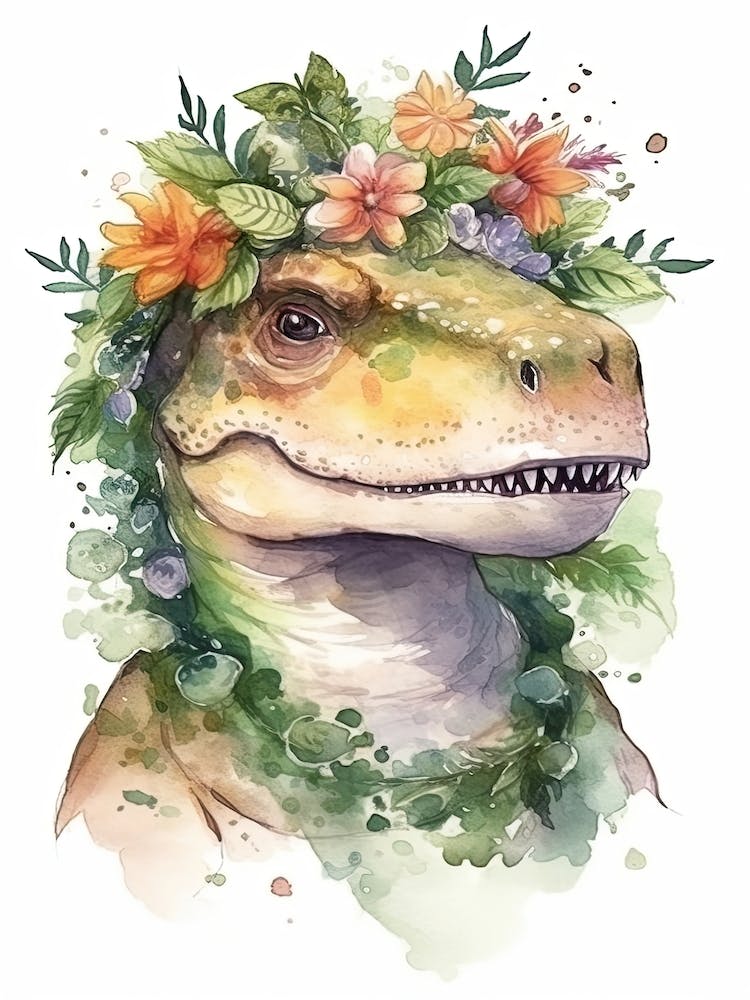 Tyrannosaurus Rex With A Crown Of Flowers Cute Dinosaur Watercolour 2